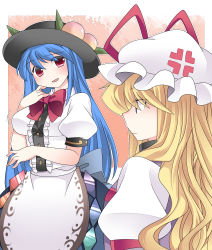 Rule 34 | 2girls, anger vein, blue hair, blush, bow, breast envy, grabbing another&#039;s breast, breasts, commentary request, food, fruit, grabbing, hammer (sunset beach), hat, hinanawi tenshi, impossible clothes, impossible shirt, long hair, multiple girls, open mouth, peach, purple eyes, red eyes, shirt, skirt, smile, smug, touhou, yakumo yukari