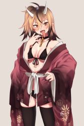 Rule 34 | 1girl, breasts, horns, japanese clothes, medium breasts, original, side ponytail, solo, tongue, tongue out, yagi (ningen)