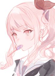 Rule 34 | 1other, akiyama mizuki, androgynous, candy, commentary request, food, korean commentary, kuzuvine, lollipop, long hair, pink eyes, pink hair, portrait, project sekai, side ponytail, sidelocks, simple background, very long hair, white background