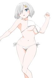 Rule 34 | 1girl, 30-06, bare legs, bikini, blue eyes, bouncing breasts, breasts, feet out of frame, grey hair, hair ornament, hair over one eye, hairclip, hamakaze (kancolle), highres, kantai collection, large breasts, looking at viewer, navel, open mouth, ribbon, short hair, side-tie bikini bottom, simple background, solo, standing, stomach, swimsuit, thigh gap, underboob, white background, white bikini, white ribbon