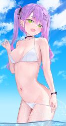 Rule 34 | 1girl, absurdres, bikini, black ribbon, blue sky, blush, braid, breasts, choker, cleavage, cloud, collarbone, commentary request, fang, green eyes, hair between eyes, hair ornament, hair ribbon, highres, hololive, large breasts, long hair, looking at viewer, nail polish, navel, open mouth, purple choker, purple hair, purple nails, red o7, ribbon, skin fang, sky, solo, standing, standing on liquid, stomach, swimsuit, tokoyami towa, twintails, virtual youtuber, wading, wet, white bikini, x hair ornament