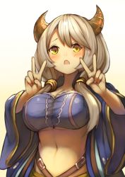 Rule 34 | 10s, 1girl, blush, breasts, cleavage, double v, draph, gradient background, granblue fantasy, highres, horns, hukahire0120, kumuyu, large breasts, long hair, looking at viewer, midriff, navel, open mouth, solo, underboob, upper body, v, white hair, yellow eyes