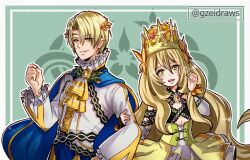 Rule 34 | 1boy, 1girl, alfred (fire emblem), blonde hair, blue cape, brother and sister, butterfly hair ornament, cape, celine (fire emblem), crown, dress, fire emblem, fire emblem engage, flat chest, frilled sleeves, frills, green eyes, gzei, hair between eyes, hair ornament, highres, holding another&#039;s arm, long hair, long sleeves, looking at viewer, nintendo, open mouth, short hair, siblings, twitter username, upper body, very long hair
