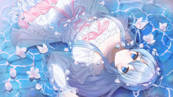 Rule 34 | 1girl, absurdres, afloat, ahoge, bad id, bad pixiv id, bare shoulders, blue eyes, blue hair, collarbone, commission, dot nose, dress, expressionless, floating, flower, frilled dress, frills, from above, highres, jewelry, layered dress, long hair, long sleeves, looking at viewer, necklace, original, partially submerged, petals, petals on liquid, pink ribbon, reflection, ribbon, ripples, sidelocks, solo, strapless, strapless dress, water surface, yagen (user mxur3238)