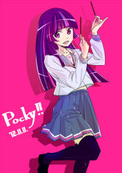 Rule 34 | 1girl, black thighhighs, collarbone, dated, food, hime cut, long hair, multicolored hair, my little pony, my little pony: friendship is magic, open mouth, personification, pink background, pink hair, pleated skirt, pocky, pocky day, purple eyes, purple hair, school uniform, serafuku, skirt, solo, standing, standing on one leg, streaked hair, tate-ya, thighhighs, twilight sparkle, zettai ryouiki