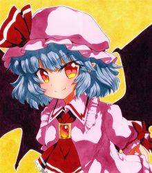 Rule 34 | 1girl, ascot, bad id, bad pixiv id, bat wings, blue hair, brooch, closed mouth, collared shirt, fang, fang out, frilled ascot, frilled shirt collar, frills, hat, hat ribbon, jewelry, light blue hair, looking at viewer, mob cap, pink hat, pink shirt, puffy short sleeves, puffy sleeves, qqqrinkappp, red ascot, red brooch, remilia scarlet, ribbon, shikishi, shirt, short hair, short sleeves, smile, solo, touhou, traditional media, upper body, v-shaped eyebrows, wings, yellow background