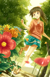 Rule 34 | 1girl, :d, blue skirt, blush, brown eyes, brown hair, collarbone, dutch angle, flower, flower request, forest, full body, hair ornament, hair scrunchie, head tilt, lace, layered skirt, looking away, looking to the side, nature, open mouth, original, outdoors, path, petals, ponytail, rain, red ribbon, ribbon, road, running, sandals, scrunchie, skirt, smile, solo, splashing, tree, yasuno (airy light)
