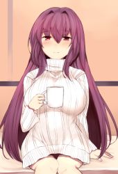 Rule 34 | 1girl, bad id, bad pixiv id, bare legs, blush, breasts, cup, fate/grand order, fate (series), hair between eyes, hair intakes, jirou (tamaho39), large breasts, long hair, long sleeves, looking at viewer, mug, naked sweater, purple hair, red eyes, ribbed sweater, scathach (fate), scathach (fate), sitting, smile, solo, sweater