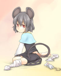 Rule 34 | 1girl, animal ears, barefoot, capelet, dra (area-s), female focus, grey hair, looking back, mouse (animal), mouse ears, mouse tail, nazrin, no shoes, red eyes, shirt, short hair, sitting, skirt, skirt set, sock dangle, sock pull, solo, tail, touhou, unworn socks, wariza