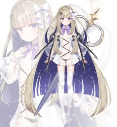Rule 34 | 1girl, amanogawa shiina, aquarius (constellation), aries (constellation), arms at sides, black panties, blue eyes, boots, bow, bowtie, breasts, breasts apart, capricorn (constellation), closed mouth, colored inner hair, detached sleeves, gluteal fold, hand up, highres, libra (constellation), light brown hair, long hair, multicolored hair, multiple views, navel, official art, oversized object, panties, phase connect, pisces (constellation), purple bow, purple bowtie, purple hair, sagittarius (constellation), scissors, scissors hair ornament, scorpius (constellation), see-through, see-through sleeves, small breasts, taurus (constellation), thigh boots, underwear, very long hair, virgo (constellation), virtual youtuber, white footwear, yuuki hagure, zoom layer