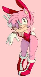 Rule 34 | alternate costume, amy rose, animal ears, animal nose, blush, boots, breasts, commentary, english commentary, eyelashes, fake animal ears, full body, furry, furry female, gloves, green eyes, heart, heart-shaped pupils, hedgehog, large breasts, leotard, looking at viewer, pantyhose, pink background, pink hair, playboy bunny, rabbit ears, rabbit tail, red footwear, red leotard, simple background, smile, solo, sonic (series), standing, symbol-shaped pupils, tail, thick thighs, thighs, v, wamudraws, white gloves, wide hips