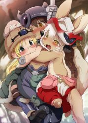 Rule 34 | 1boy, 1girl, 1other, animal ears, animal hands, black footwear, blonde hair, blush, body fur, brown eyes, brown hair, closed mouth, dagashi (daga2626), furry, glasses, grey eyes, helmet, highres, hug, long hair, looking at viewer, made in abyss, nanachi (made in abyss), open mouth, regu (made in abyss), riko (made in abyss), shoes, whiskers, white hair