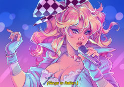 Rule 34 | 1girl, battle tendency, blonde hair, blue nails, bow, bowtie, breasts, caesar anthonio zeppeli, checkered clothes, cleavage, cross, cross necklace, delichuu, eyeshadow, facial mark, fingerless gloves, genderswap, genderswap (mtf), gloves, hair bow, jewelry, jojo no kimyou na bouken, long hair, makeup, microphone, music, nail polish, necklace, ponytail, singing, solo, wavy hair