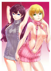 Rule 34 | 2girls, absurdres, ahoge, akatsuki suzumi, aran sweater, armpits, arms behind head, backless dress, backless outfit, blonde hair, blue eyes, breasts, breasts apart, cable knit, contrapposto, convenient censoring, cowboy shot, drawstring, dress, earrings, finger to mouth, green eyes, grey sweater, highres, ichinose shiki, idolmaster, idolmaster cinderella girls, jewelry, light smile, lips, long hair, medium breasts, meme attire, miyamoto frederica, multiple girls, naked sweater, navel, no bra, parted lips, pink lips, pink sweater, purple background, purple hair, ribbed sweater, short hair, sideboob, standing, sweater, sweater dress, thigh gap, turtleneck, turtleneck sweater, virgin killer sweater, wardrobe error, wavy hair