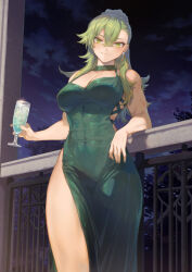 Rule 34 | 1girl, against railing, bare shoulders, breasts, cleavage, closed mouth, cocktail dress, cocktail glass, cowboy shot, cup, dress, drinking glass, earrings, green dress, green eyes, green hair, highres, indoors, jewelry, large breasts, lecia (hijiri kishi sonia-san), long hair, looking at viewer, mashuu (neko no oyashiro), night, original, railing, sideless outfit, smile, solo, star (sky), tree