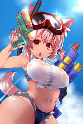 Rule 34 | 1girl, alternate hairstyle, animal ears, bare shoulders, blush, breasts, crop top, cutoffs, day, front-tie top, goggles, goggles on head, guratan (guratan18), hair ornament, huge breasts, inubashiri momiji, looking at viewer, micro shorts, midriff, navel, open mouth, red eyes, see-through, shirt, short hair, short shorts, shorts, silver hair, sky, solo, tail, tan, tanline, taut clothes, taut shirt, tied shirt, touhou, water, water gun, wet, wet clothes, wolf ears, wolf tail