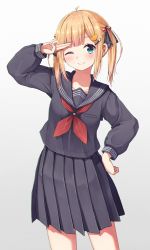 Rule 34 | 1girl, ;), ahoge, arm up, black ribbon, black sailor collar, black serafuku, black shirt, black skirt, blonde hair, blue eyes, blush, breasts, closed mouth, collarbone, commentary request, enuni, gradient background, grey background, hair bobbles, hair ornament, hair ribbon, hairband, hairclip, hand on own hip, highres, long hair, long sleeves, looking at viewer, neckerchief, one eye closed, orange hairband, original, pleated skirt, puffy long sleeves, puffy sleeves, red neckerchief, ribbon, sailor collar, school uniform, serafuku, shirt, skirt, sleeves past wrists, small breasts, smile, solo, standing, twintails, white background