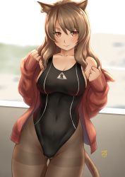 Rule 34 | 1girl, alternate costume, animal ears, arknights, artist logo, black pantyhose, black one-piece swimsuit, blurry, blurry background, blush, breasts, brown hair, cat ears, cat tail, cleavage, collarbone, competition swimsuit, covered navel, cowboy shot, day, ear piercing, finalcake, gluteal fold, groin, hair between eyes, highres, jacket, large breasts, long hair, looking at viewer, off shoulder, one-piece swimsuit, open clothes, open jacket, outdoors, pantyhose, pantyhose under swimsuit, piercing, red eyes, red jacket, sideboob, skin tight, skyfire (arknights), smile, solo, standing, straight hair, swimsuit, tail, thigh gap, thighs