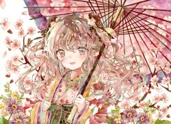 Rule 34 | 1girl, :d, animal ears, brown eyes, brown hair, commentary request, curly hair, fang, flower, gradient eyes, green eyes, hair ornament, hands up, highres, holding, holding umbrella, japanese clothes, kimono, light blush, long hair, looking at viewer, making-of available, multicolored eyes, oil-paper umbrella, open mouth, original, painting (medium), petals, skin fang, smile, solo, standing, sunlight, traditional media, umbrella, upper body, watercolor (medium), yukoring