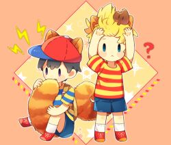 Rule 34 | 0mzum1, 2boys, :&lt;, ?, animal ears, arms up, backpack, bag, baseball cap, biting, biting own tail, black hair, blonde hair, blue eyes, blue shirt, blue shorts, blush, brown bag, closed mouth, commentary request, hat, hexagram, leaf, leaf on head, lightning bolt symbol, looking at viewer, lucas (mother 3), male focus, mario (series), mother (game), mother 2, mother 3, multiple boys, ness (mother 2), nintendo, open mouth, orange background, outline, purple eyes, quiff, raccoon boy, raccoon ears, raccoon tail, red footwear, red headwear, red shirt, shirt, shoes, short hair, short sleeves, shorts, simple background, sitting, socks, standing, star (symbol), striped clothes, striped shirt, super leaf, super leaf (transformation), super smash bros., t-shirt, tail, tail biting, two-tone shirt, white outline, white socks, yellow background, yellow shirt