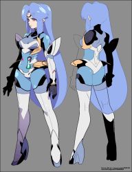 Rule 34 | 1girl, android, ass, blue hair, breasts, closed mouth, elbow gloves, forehead protector, gloves, kos-mos, long hair, red eyes, sasaki tomomi, simple background, solo, thighhighs, very long hair, xenosaga