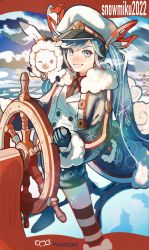 Rule 34 | 1girl, blue eyes, blue hair, grin, hat, hatsune miku, highres, looking at viewer, nunosei, one eye closed, rabbit, rabbit yukine, red hair, ship&#039;s wheel, smile, solo, striped clothes, striped thighhighs, thighhighs, waistcoat, white hat, yuki miku, yuki miku (2022)
