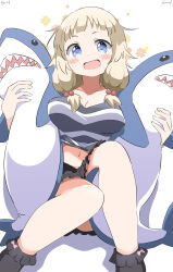 Rule 34 | 1girl, :d, absurdres, blonde hair, blue eyes, blush stickers, breasts, cynical (llcbluckg c004), floral background, frilled socks, frills, hair bobbles, hair ornament, highres, ikea shark, knees together feet apart, legs, low twintails, medium breasts, midriff, navel, new game!, open mouth, pleated skirt, sakura nene, signature, sitting, skirt, smile, socks, solo, striped, stuffed animal, stuffed shark, stuffed toy, twintails, white background