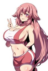 Rule 34 | 1girl, ;p, absurdres, alternate costume, animal ears, bare shoulders, breasts, cleavage, commentary, cowboy shot, crop top, fox ears, genshin impact, highres, hinghoi, large breasts, long hair, looking at viewer, midriff, navel, one eye closed, pink hair, purple eyes, red shorts, short shorts, shorts, simple background, smile, solo, sports bra, standing, stomach, thighs, tongue, tongue out, very long hair, white background, yae miko