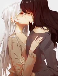 Rule 34 | 2girls, alternate hairstyle, artist name, azure-zer0, black hair, black sweater, blake belladonna, blush, breasts, closed eyes, closed mouth, couple, facing another, hair between eyes, hair down, hand on another&#039;s arm, hand on another&#039;s chest, hand up, happy, highres, kiss, long hair, long sleeves, multiple girls, parted lips, rwby, shirt, simple background, smile, sweater, upper body, weiss schnee, white background, white hair, yuri
