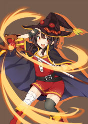 Rule 34 | 10s, 1girl, absurdres, aria (schwarza97rw0rd), bad id, bad pixiv id, black hair, cape, fire, gloves, hat, highres, kono subarashii sekai ni shukufuku wo!, looking at viewer, megumin, red eyes, short hair, solo, staff, thighhighs, witch hat