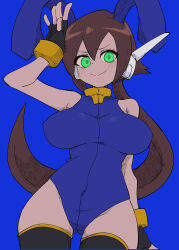 Rule 34 | 1girl, absurdres, aile (mega man zx), blue background, bodysuit, breasts, buzzlyears, green eyes, highres, large breasts, long hair, mega man (series), mega man zx, mega man zx advent, rabbit ears, solo