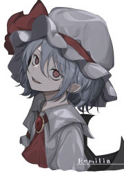 Rule 34 | 1girl, absurdres, ascot, bat wings, blue hair, brooch, cropped torso, fang, hair between eyes, hat, hat ribbon, highres, hisha (kan moko), jewelry, light smile, mob cap, open mouth, pointy ears, red eyes, red ribbon, remilia scarlet, ribbon, short hair, simple background, solo, touhou, upper body, white background, wings