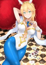 Rule 34 | 1girl, ahoge, animal ears, artoria pendragon (all), artoria pendragon (fate), artoria pendragon (swimsuit ruler) (fate), bare shoulders, blonde hair, blue neckwear, blue pantyhose, blush, braid, breasts, card, checkered floor, cleavage, closed mouth, clothing cutout, detached collar, fake animal ears, fate/grand order, fate (series), feather boa, fishnet pantyhose, fishnets, french braid, green eyes, hair between eyes, highleg, highleg leotard, highres, large breasts, leotard, long hair, looking at viewer, metalfrog, navel, navel cutout, necktie, pantyhose, playboy bunny, playing card, poker chip, ponytail, rabbit ears, sidelocks, smile, thighs, tiara, white leotard, wrist cuffs