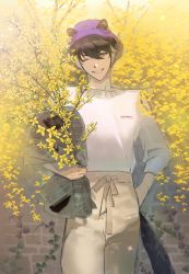 Rule 34 | 1boy, absurdres, alternate costume, animal ears, black hair, blouse, bouquet, branch, brick wall, bucket hat, commentary, cowboy shot, ears through headwear, flower, forsythia, grin, hair between eyes, hand in pocket, hat, head tilt, highres, holding, holding bouquet, holostars, jackal boy, jackal ears, jackal tail, kageyama shien, looking at viewer, male focus, multicolored hair, newspaper, one eye closed, pants, plant, purple hat, shirt, short hair, smile, solo, standing, straight-on, two-tone hair, vines, virtual youtuber, white hair, white shirt, wolkung, yellow eyes, yellow flower, yellow pants