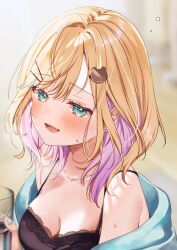 Rule 34 | 1girl, :d, bare shoulders, bear hair ornament, black camisole, blonde hair, blue jacket, blue nails, blush, breasts, camisole, cleavage, collarbone, colored inner hair, fang, green eyes, hair ornament, hairpin, highres, jacket, kurumi noah, large breasts, looking at viewer, medium hair, multicolored hair, nail polish, off shoulder, open mouth, parted bangs, pome charo, purple hair, shirt, skin fang, sleeveless, sleeveless shirt, smile, solo, sweat, upper body, virtual youtuber, vspo!