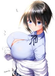 Rule 34 | 1girl, black hair, black skirt, black thighhighs, blue eyes, blue neckwear, blue shirt, breasts, bursting breasts, cardigan, cleavage, closed mouth, collared shirt, commentary request, hair between eyes, highres, large breasts, long sleeves, looking at viewer, mokufuu, original, plaid, plaid skirt, pleated skirt, school uniform, shirt, short hair, simple background, skirt, smile, solo, thighhighs, twitter username, v-shaped eyebrows, white background, white cardigan