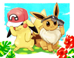 Rule 34 | adjusting clothes, adjusting eyewear, adjusting headwear, animal focus, artist name, baseball cap, blue background, blue oak, blue oak (cosplay), blue sky, blush stickers, border, brown eyes, closed mouth, clothed pokemon, cloud, cosplay, creatures (company), day, eevee, flower, full body, game freak, gen 1 pokemon, hand up, happy, hat, looking at viewer, nintendo, no humans, one eye covered, outdoors, outline, outside border, pawpads, pikachu, pokemon, pokemon (creature), pokemon sm, red (pokemon), red (pokemon) (cosplay), red flower, red headwear, rorosuke, sitting, sky, smile, standing, sunglasses, twitter username, white border, white outline