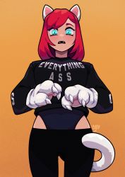 Rule 34 | 1girl, absurdres, animal ears, animal hands, aqua eyes, artist name, black leggings, black shirt, breasts, cat ears, cat girl, cat tail, character request, claws, clothes writing, commentary, copyright request, cowboy shot, english commentary, english text, fake animal ears, fake tail, fangs, film grain, gloves, highres, leggings, long sleeves, looking at viewer, medium hair, milkytiddyboy, open mouth, orange background, paw gloves, red hair, shirt, slit pupils, solo, sweater, swept bangs, symbol-only commentary, tail, teeth, thick eyebrows, white gloves