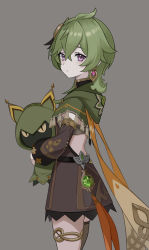 Rule 34 | 1girl, absurdres, alternate costume, bad id, bad pixiv id, capelet, collei (genshin impact), cuilein-anbar (genshin impact), genshin impact, green capelet, green hair, half-closed eyes, highres, kit, looking at viewer, purple eyes, solo, vision (genshin impact)