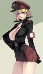 Rule 34 | 1girl, belt, black gloves, blonde hair, blue eyes, blunt bangs, breasts, choker, cleavage, cowboy shot, dog tags, gloves, green background, hand on own hip, hat, highres, huge breasts, kouno (masao), looking at viewer, minidress, original, parted lips, profile, short hair, skirt, solo, zipper