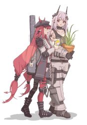 Rule 34 | 2girls, :d, arknights, black choker, black footwear, black gloves, bonjirix, boots, cabbie hat, choker, collarbone, commentary request, full body, gloves, grey hair, grey jacket, hat, highres, holding, holding plant, horns, horns through headwear, infection monitor (arknights), jacket, knee pads, long hair, long sleeves, low-tied long hair, mudrock (arknights), mudrock (elite ii) (arknights), multiple girls, open mouth, plant, pointy ears, potted plant, red eyes, red hair, red headwear, simple background, smile, very long hair, vigna (arknights), walking, white background
