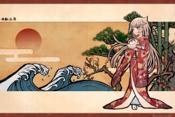 Rule 34 | 1girl, 2021, alternate costume, animal costume, bamboo, bokukawauso, cloud, commentary request, cow costume, floral print, full body, green eyes, grey hair, highres, japanese clothes, kantai collection, kimono, long hair, low twintails, mikura (kancolle), otter, red kimono, sun, translation request, tree, twintails, waves, wss (nicoseiga19993411)