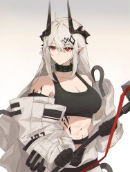 Rule 34 | 1girl, abs, arknights, bare shoulders, black gloves, black sports bra, breasts, cleavage, collarbone, expressionless, gloves, grey hair, hair between eyes, hair ornament, hammer, highres, holding, holding hammer, holding weapon, horns, infection monitor (arknights), jumpsuit, large breasts, long hair, material growth, mudrock (arknights), mudrock (elite ii) (arknights), muscular, muscular female, oripathy lesion (arknights), pointy ears, red eyes, simple background, solo, sports bra, stomach, sweat, very long hair, weapon, weeiskaw, white background, white jumpsuit