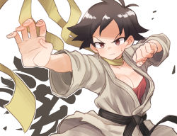 Rule 34 | 1girl, black hair, breasts, brown eyes, cleavage, dougi, female focus, fighting stance, gazacy (dai), karate, makoto (street fighter), medium breasts, parted lips, sash, scarf, serious, short hair, solo, street fighter, tomboy