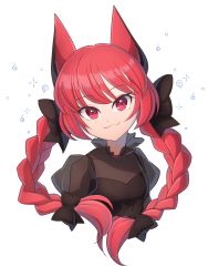 Rule 34 | 1girl, :3, animal ears, bacon (shippo no hito), black bow, bow, braid, breasts, cat ears, closed mouth, commentary request, covered collarbone, cropped torso, dress, hair bow, hair ribbon, head tilt, highres, kaenbyou rin, long hair, looking at viewer, red eyes, red hair, ribbon, see-through, see-through dress, simple background, small breasts, solo, touhou, tress ribbon, twin braids, twintails, upper body, white background