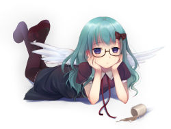 Rule 34 | 1girl, aqua hair, bad id, bad pixiv id, black pantyhose, blue eyes, bow, cup, feathered wings, frown, full body, glasses, hair bow, hand on own chin, hands on own face, itou nanami, looking at viewer, lying, on stomach, original, pantyhose, ribbon, shoes, simple background, solo, spill, white background, white wings, wings