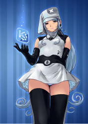 Rule 34 | 1girl, blue hair, carina (xiaowoo), elbow gloves, gloves, gnome (software), hat, highres, kde, kde (software), panties, pantyshot, personification, purple eyes, skirt, solo, thighhighs, underwear