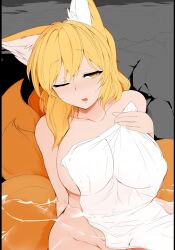 Rule 34 | 1girl, animal ears, black background, breasts, commentary, covering privates, fox ears, fox girl, fox tail, highres, in water, large breasts, looking at viewer, mizuga, nude, nude cover, one eye closed, onsen, rock, solo, symbol-only commentary, tail, touhou, towel, water, yakumo ran