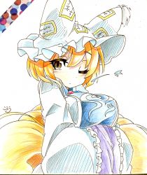 Rule 34 | 1girl, absurdres, blonde hair, breasts, colored pencil (medium), eyelashes, fox tail, gokuu (acoloredpencil), hands in opposite sleeves, hat, heart, highres, large breasts, looking at viewer, multiple tails, one eye closed, shikishi, short hair, signature, simple background, slit pupils, solo, tabard, tail, touhou, traditional media, white background, wide sleeves, yakumo ran, yellow eyes