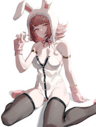 Rule 34 | 1girl, animal ears, arm support, bare shoulders, blunt bangs, breasts, brown hair, cleavage, danganronpa (series), danganronpa 2: goodbye despair, detached collar, fajyobore, fake animal ears, fishnet thighhighs, fishnets, flipped hair, galaga, hair ornament, hand up, highres, large breasts, leotard, mole, mole on breast, nanami chiaki, neck ribbon, official alternate costume, parted lips, pink footwear, playboy bunny, rabbit ears, red ribbon, ribbon, sitting, skindentation, solo, teeth, thighhighs, wariza, white leotard